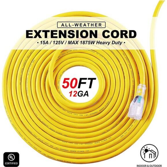 Outdoor 12/3 Extension Cord 12AWG 50FT 15Amp 1875Watts, TPE Rubber SJEOW - Picture 5 of 6